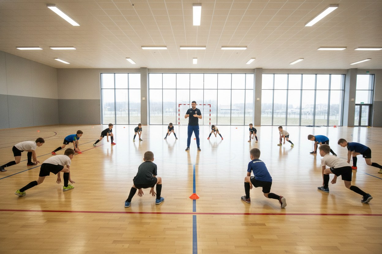 Genç sporcular futsal antrenmanında